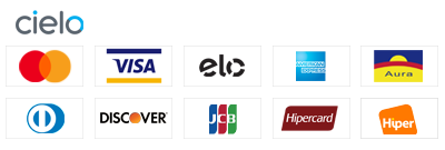 Bandeiras de cartões de crédito aceitas: Visa, MasterCard, AMEX, ELO, Aura, JCB, Diners, Discover, Hipercard, Hiper